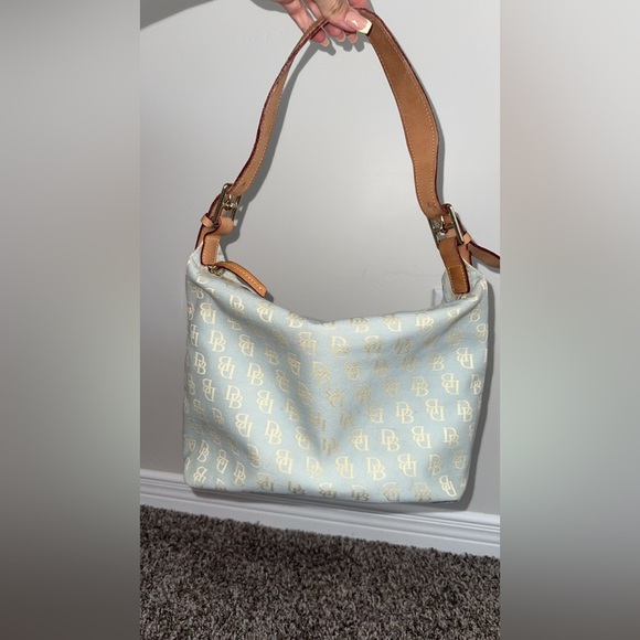 Handbags - Dooney & bourke Light Blue Monogram Shoulder Bag with Tan Leather Straps